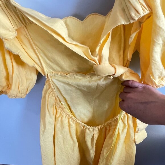 Mable Yellow Midi Dress With Scalloped Neckline & Puff Sleeves - Sz.‎ M - Picture 5 of 8